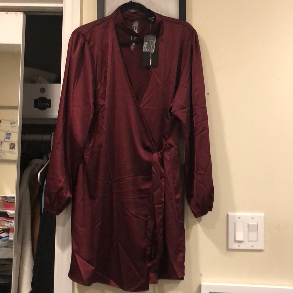 Burgundy wrap dress from fashion nova